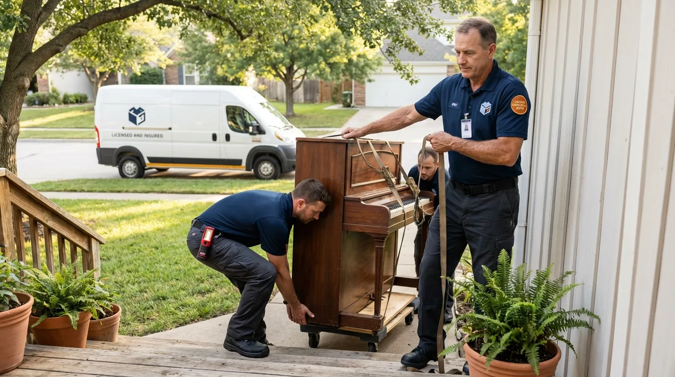 Licensed piano movers securing grand piano in Clearwater, KS