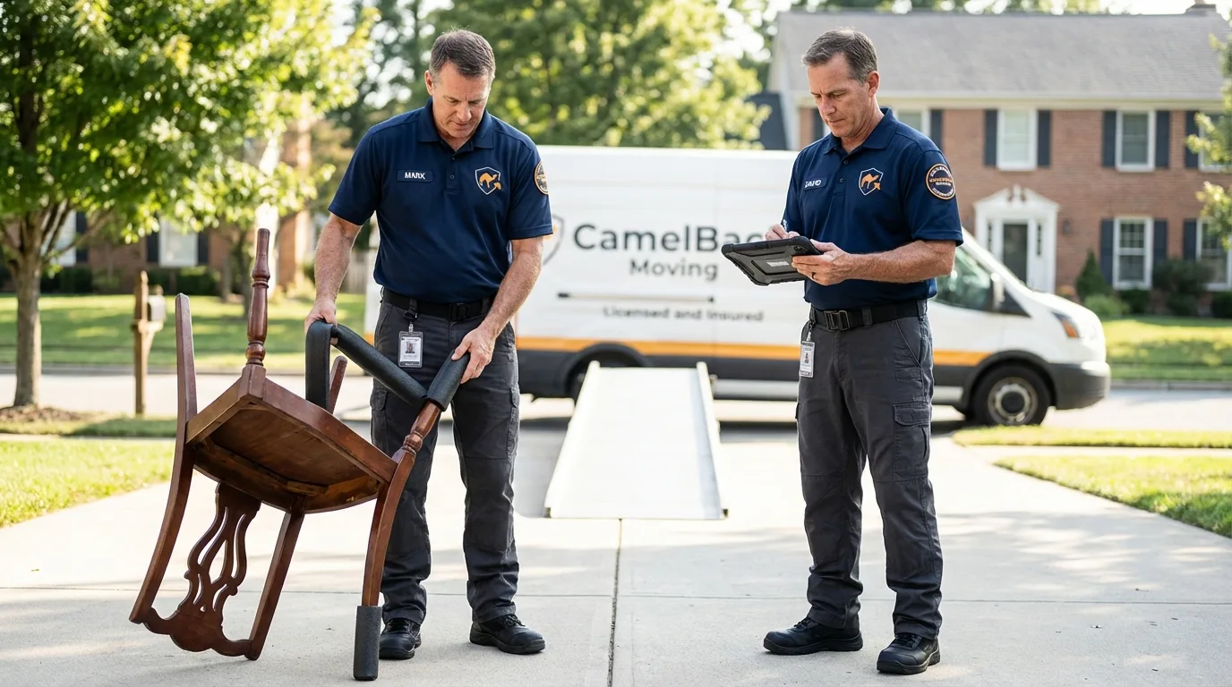 Movers inspecting furniture for damage prevention before loading in Clearwater, KS