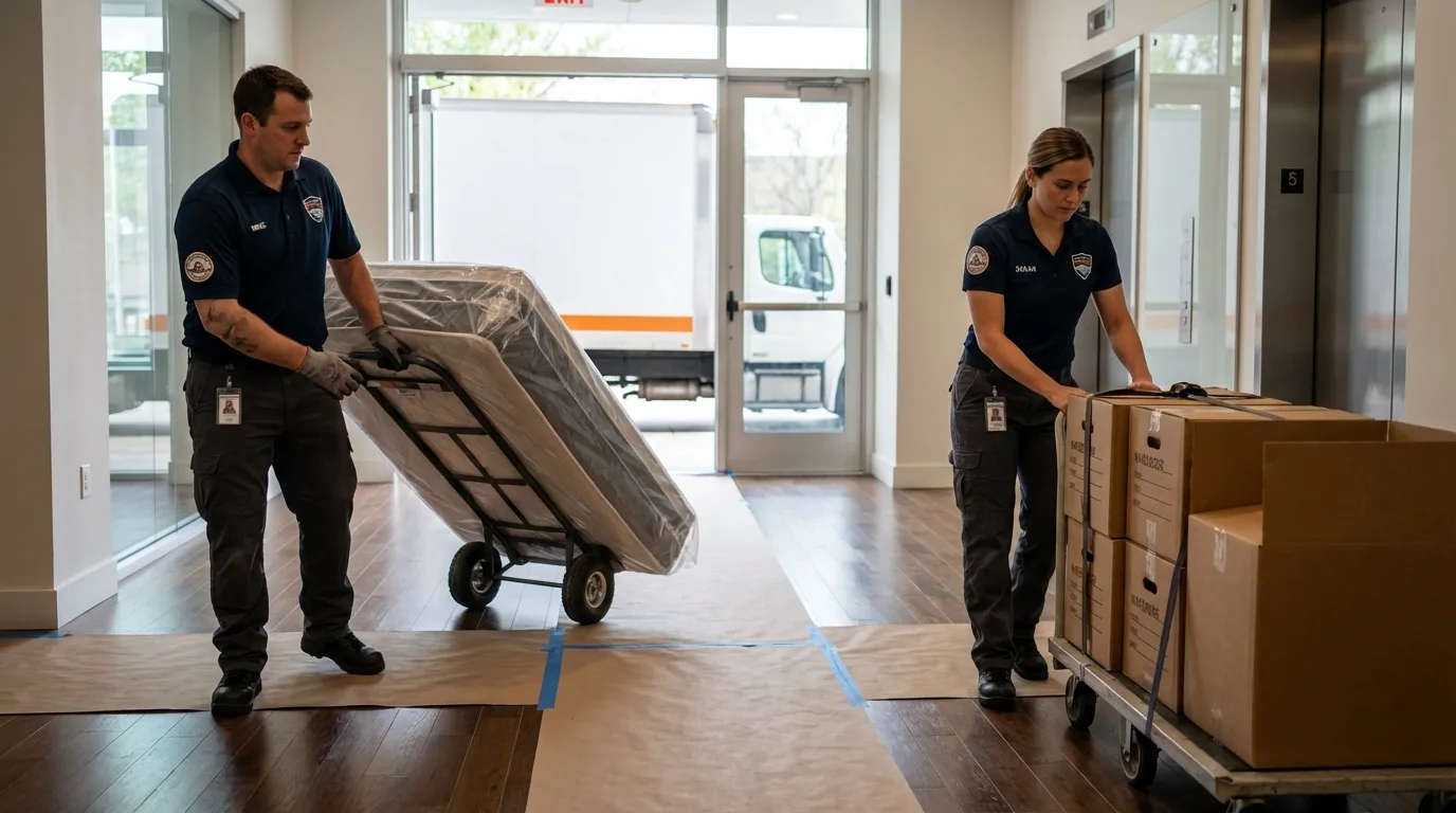 Professional apartment movers loading elevator in Clearwater, KS